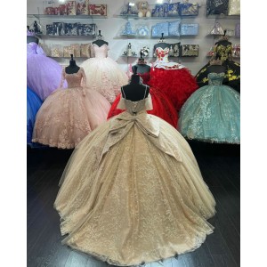 Sweetheart Neck Champagne Quinceanera Dress Off Shoulder Metallic Sequin 15 Dresses With Bow