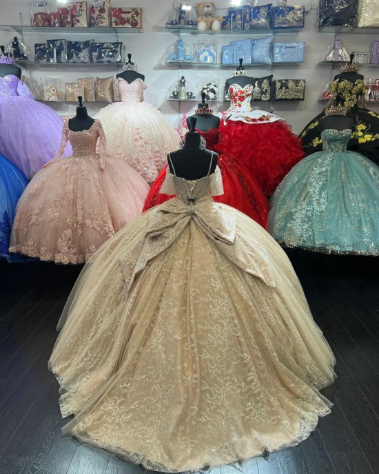 Sweetheart Neck Champagne Quinceanera Dress Off Shoulder Metallic Sequin 15 Dresses With Bow