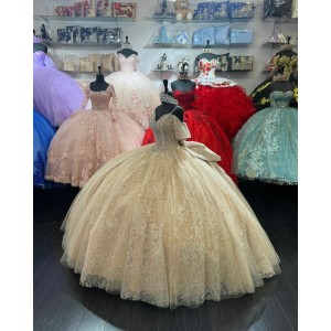 Sweetheart Neck Champagne Quinceanera Dress Off Shoulder Metallic Sequin 15 Dresses With Bow