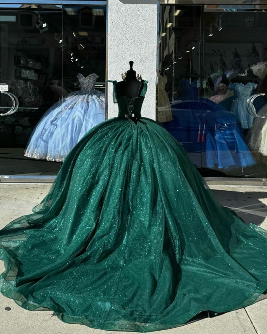 Sweetheart Neck Emerald Green Quinceanera Dresses Spaghetti Strap Ball Gown Metallic Sequin Beading 15 Dress