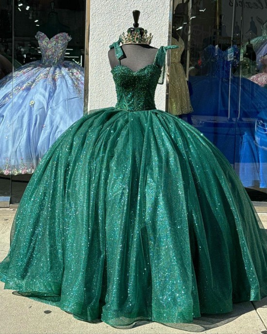 Sweetheart Neck Emerald Green Quinceanera Dresses Spaghetti Strap Ball Gown Metallic Sequin Beading 15 Dress