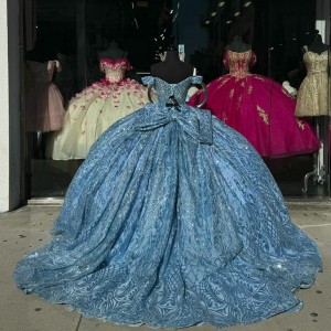 Sweetheart Neck Light Blue Quinceanera Dresses Off Shoulder Ball Gown Metallic Sequin 15 Dress With Bow