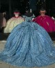 Sweetheart Neck Light Blue Quinceanera Dresses Off Shoulder Ball Gown Metallic Sequin 15 Dress With Bow