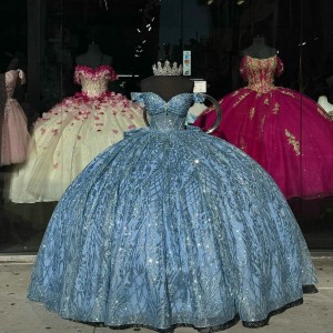 Sweetheart Neck Light Blue Quinceanera Dresses Off Shoulder Ball Gown Metallic Sequin 15 Dress With Bow