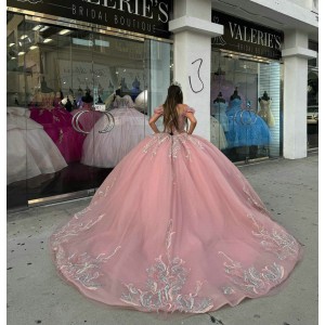 Sweetheart Neck Pink Quinceanera Dresses Off Shoulder Ball Gown Metallic Sequin 15 Dress