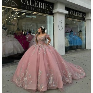 Sweetheart Neck Pink Quinceanera Dresses Off Shoulder Ball Gown Metallic Sequin 15 Dress