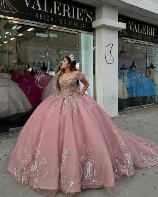 Sweetheart Neck Pink Quinceanera Dresses Off Shoulder Ball Gown Metallic Sequin 15 Dress