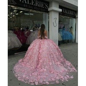 Sweetheart Neck Pink Quinceanera Dresses Off Shoulder Ball Gown Sheer Bodice 15 Dress With 3D Floral Appliques