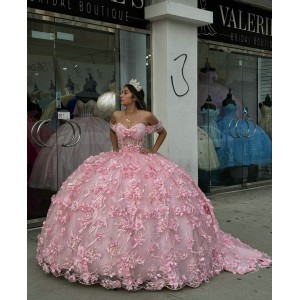 Sweetheart Neck Pink Quinceanera Dresses Off Shoulder Ball Gown Sheer Bodice 15 Dress With 3D Floral Appliques