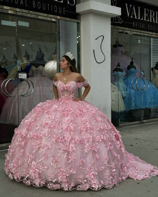 Sweetheart Neck Pink Quinceanera Dresses Off Shoulder Ball Gown Sheer Bodice 15 Dress With 3D Floral Appliques