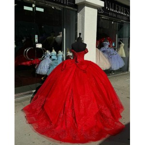 Sweetheart Neck Red Quinceanera Dresses Off Shoulder Ball Gown Metallic Sequin 15 Dress With Bow