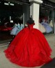 Sweetheart Neck Red Quinceanera Dresses Off Shoulder Ball Gown Metallic Sequin 15 Dress With Bow