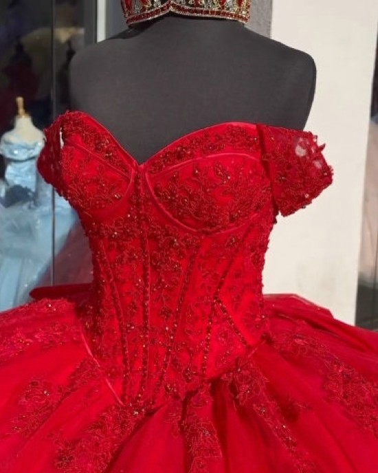 Sweetheart Neck Red Quinceanera Dresses Off Shoulder Ball Gown Metallic Sequin 15 Dress With Bow