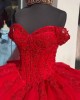 Sweetheart Neck Red Quinceanera Dresses Off Shoulder Ball Gown Metallic Sequin 15 Dress With Bow