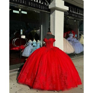 Sweetheart Neck Red Quinceanera Dresses Off Shoulder Ball Gown Metallic Sequin 15 Dress With Bow