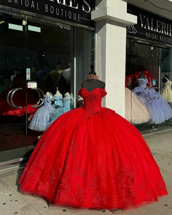 Sweetheart Neck Red Quinceanera Dresses Off Shoulder Ball Gown Metallic Sequin 15 Dress With Bow