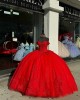 Sweetheart Neck Red Quinceanera Dresses Off Shoulder Ball Gown Metallic Sequin 15 Dress With Bow