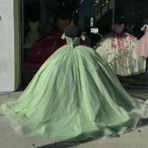 Sweetheart Neck Sage Green Quinceanera Dresses Off Shoulder Ball Gown Metallic Sequin 15 Dress