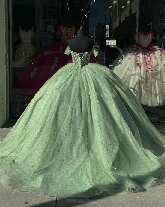 Sweetheart Neck Sage Green Quinceanera Dresses Off Shoulder Ball Gown Metallic Sequin 15 Dress