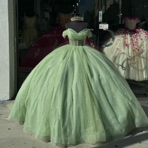 Sweetheart Neck Sage Green Quinceanera Dresses Off Shoulder Ball Gown Metallic Sequin 15 Dress