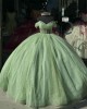 Sweetheart Neck Sage Green Quinceanera Dresses Off Shoulder Ball Gown Metallic Sequin 15 Dress