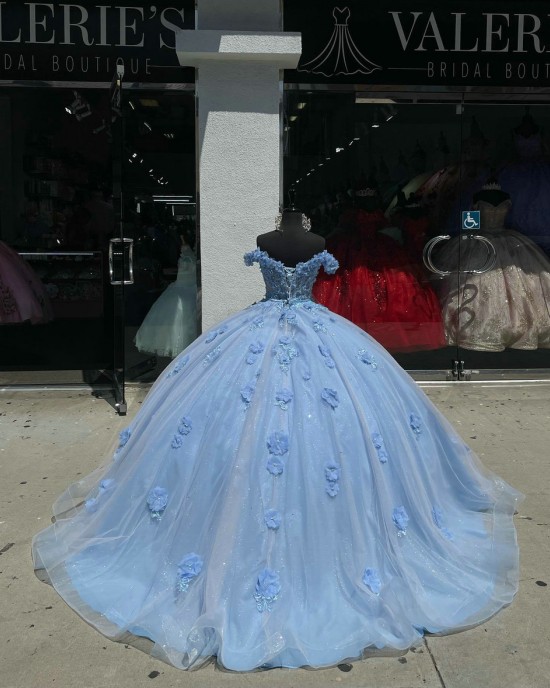 Sweetheart Neck Sky Blue Quinceanera Dress Off Shoulder 15 Dresses With Three Dimensional Embroidered