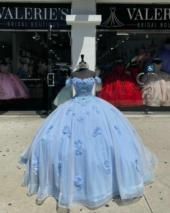 Sweetheart Neck Sky Blue Quinceanera Dress Off Shoulder 15 Dresses With Three Dimensional Embroidered