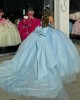 Sweetheart Neck Sky Blue Quinceanera Dresses Sheer Bodice Ball Gown Lace Applique 15 Dress With Bow