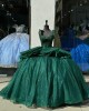 Sweetheart Neck Tiered Emerald Green Quinceanera Dresses Spaghetti Strap Ball Gown Metallic Sequin Beading 15 Dress