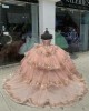 Tiered Crystal Rose Gold Quinceanera Dresses V Neck Off Shoulder Sequin 15 Dress