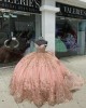 Tiered Crystal Rose Gold Quinceanera Dresses V Neck Off Shoulder Sequin 15 Dress