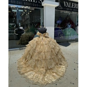 Tiered Gold Quinceanera Dresses Off Shoulder Sweetheart Neck Sequin 15 Dress