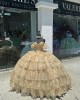 Tiered Gold Quinceanera Dresses Off Shoulder Sweetheart Neck Sequin 15 Dress