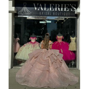 Tiered V Neck Pink Quinceanera Dresses Off Shoulder Ball Gown Metallic Sequin 15 Dress With Bow