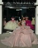 Tiered V Neck Pink Quinceanera Dresses Off Shoulder Ball Gown Metallic Sequin 15 Dress With Bow