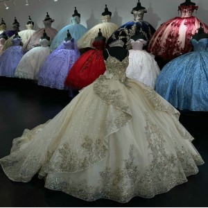 V Neck Champagne Quinceanera Dresses Spaghetti Strap Ball Gown Metallic Sequin 15 Dress With Bow