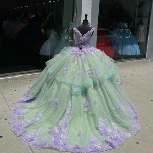 V Neck Green On Lilac Quinceanera Dresses Sleeveless Ball Gown With Three Dimensional Flowers 15 Dress