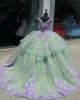 V Neck Green On Lilac Quinceanera Dresses Sleeveless Ball Gown With Three Dimensional Flowers 15 Dress