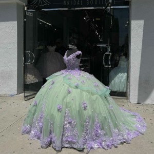 V Neck Green On Lilac Quinceanera Dresses Sleeveless Ball Gown With Three Dimensional Flowers 15 Dress