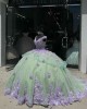 V Neck Green On Lilac Quinceanera Dresses Sleeveless Ball Gown With Three Dimensional Flowers 15 Dress