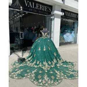 V Neck Green Quinceanera Dress Off Shoulder 15 Dresses With 3D Floral Appliques