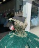 V Neck Green Quinceanera Dress Off Shoulder 15 Dresses With 3D Floral Appliques