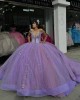 V Neck Lilac Quinceanera Dresses Off Shoulder Ball Gown Metallic Sequin Crystal 15 Dress