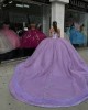 V Neck Lilac Quinceanera Dresses Off Shoulder Ball Gown Metallic Sequin Crystal 15 Dress