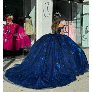 V Neck Navy Blue Quinceanera Dresses Off Shoulder Ball Gown Metallic Sequin 15 Dress