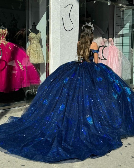 V Neck Navy Blue Quinceanera Dresses Off Shoulder Ball Gown Metallic Sequin 15 Dress