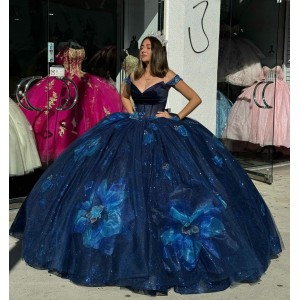 V Neck Navy Blue Quinceanera Dresses Off Shoulder Ball Gown Metallic Sequin 15 Dress