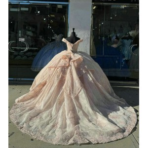 V Neck Pink Quinceanera Dresses Off Shoulder Ball Gown Metallic Sequin Crystal 15 Dress With Bow