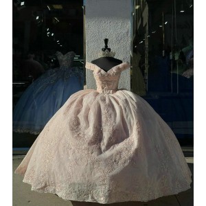 V Neck Pink Quinceanera Dresses Off Shoulder Ball Gown Metallic Sequin Crystal 15 Dress With Bow