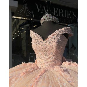 V Neck Rose Gold Quinceanera Dress Beading Sequin 15 Dresses 3D Floral Appliques Ball Gown With Bow